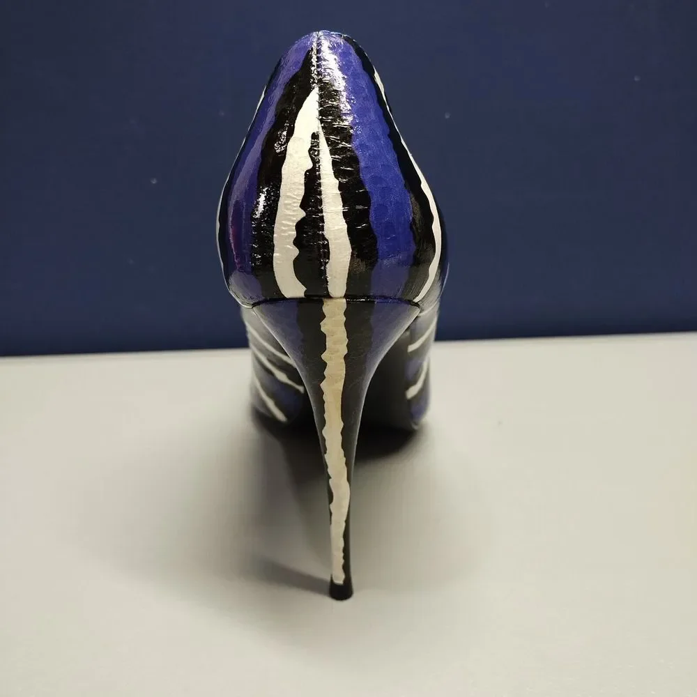 LFL Snakeskin Stiletto Pumps Heel Womens Sz 7 Purple Multi Pointed Toe Slip On - Picture 3 of 16